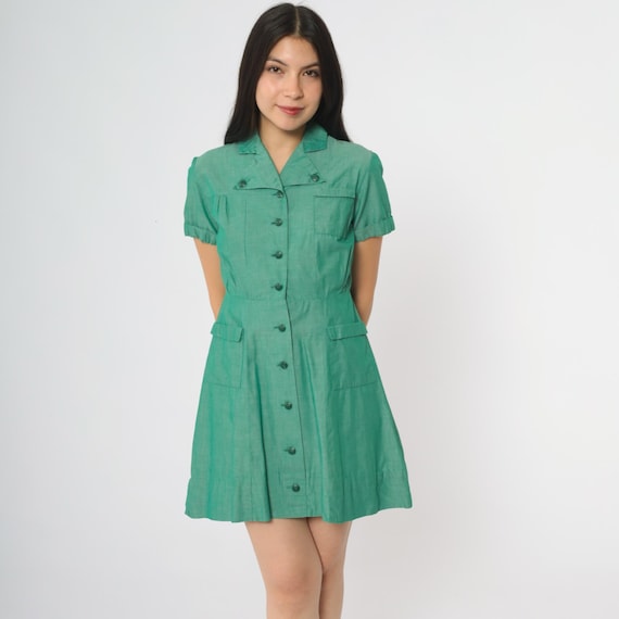 Girl Scout Dress 70s Green Official Button Front Short Sleeve Pockets Midi Cotton Vintage Uniform Americana Collectible Petite Small PS