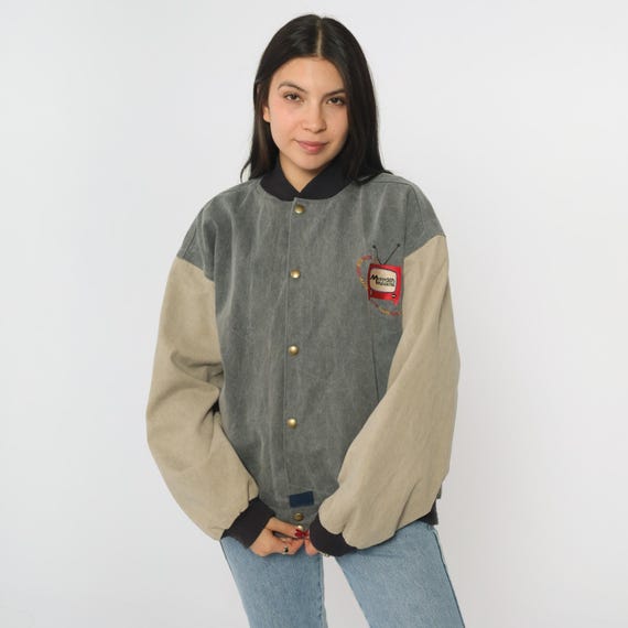 Vintage TV Network Bomber Jacket 90s Meredith Broadcasting 1990s Canvas Colorblock Grey Graphic Baseball Jacket USA Made Medium