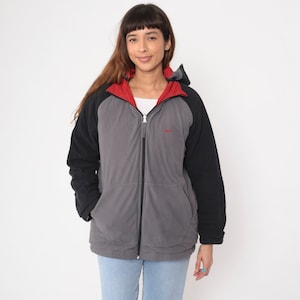 Vintage Reversible Nike Jacket 00s Hooded Fleece Windbreaker Zip Up Nylon Shell Red Grey Streetwear Sportswear Warmup Hood Extra Large xl