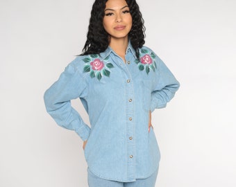 Rose Jean Shirt 90s Floral Denim Button up Top Retro Shirt Collared Blouse Blue Top Long Sleeve Painted Flower Print Vintage 1990s Medium M
