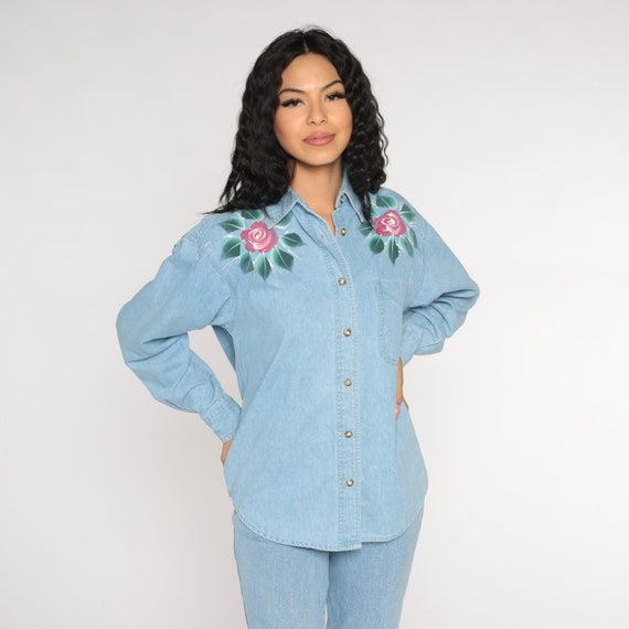 Rose Jean Shirt 90s Floral Denim Button up Top Retro Shirt Collared Blouse Blue Top Long Sleeve Painted Flower Print Vintage 1990s Medium M