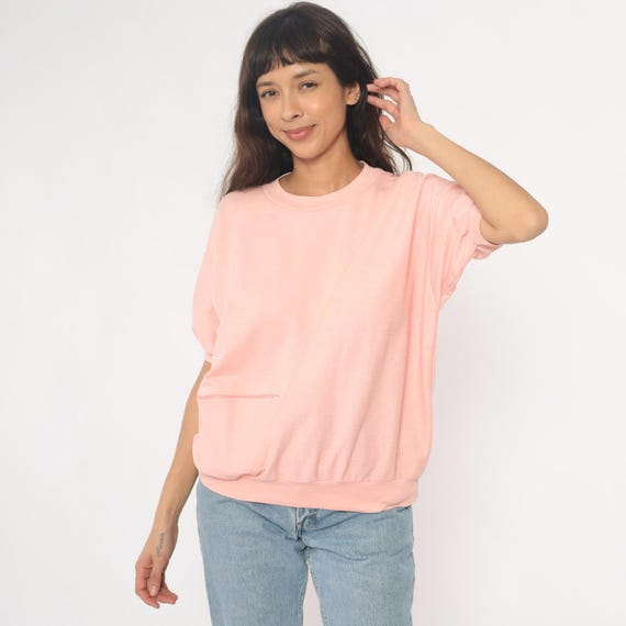 80s Pink Sweatshirt Short Sleeve Cropped Top Front Pocket Crew Neck Terry Cloth Blush Peach Sporty Vintage Pullover Athleisure Medium M
