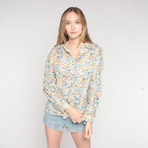 Floral Blouse 80s Button Up Shirt Long Sleeve Collared Flower Print Top Retro Bohemian Summer Wildflower Daisy Hippie Vintage 1980s Large L