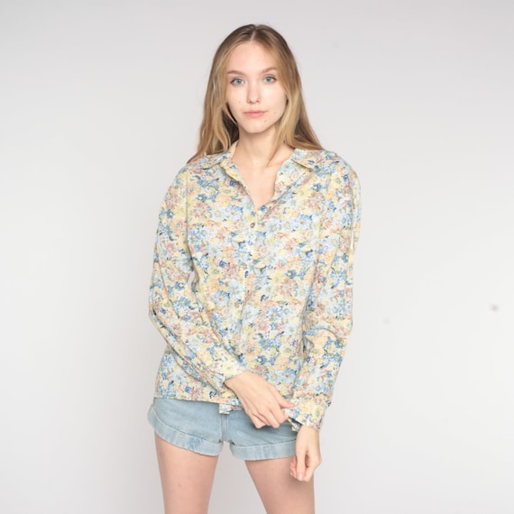 Floral Blouse 80s Button Up Shirt Long Sleeve Collared Flower Print Top Retro Bohemian Summer Wildflower Daisy Hippie Vintage 1980s Large L