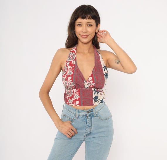Hawaiian Halter Top Y2K Tropical Print Crop V Neck Tie Back Palm Tree Floral Red Navy Cream Plunge Neckline Summer Beach Vacation Small S