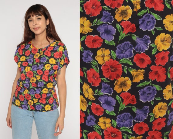 Bright Floral Shirt 90s Blouse Short Sleeve Summer Top Retro Flower Henley Bohemian Hippie Black Red Purple Yellow 1990s Vintage Medium M
