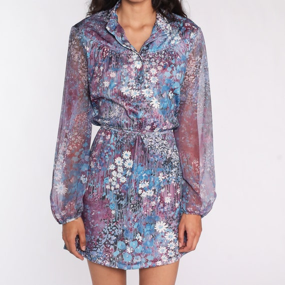 70s Floral Dress Purple Sheer Chiffon Sleeve Mini… - image 6