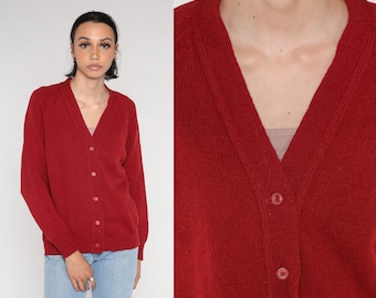 Red Wool Cardigan 80s Button up Knit Sweater Basic Plain Solid Simple Grandpa Sweater V Neck Slouchy Fall Minimalist Vintage 1980s Small S