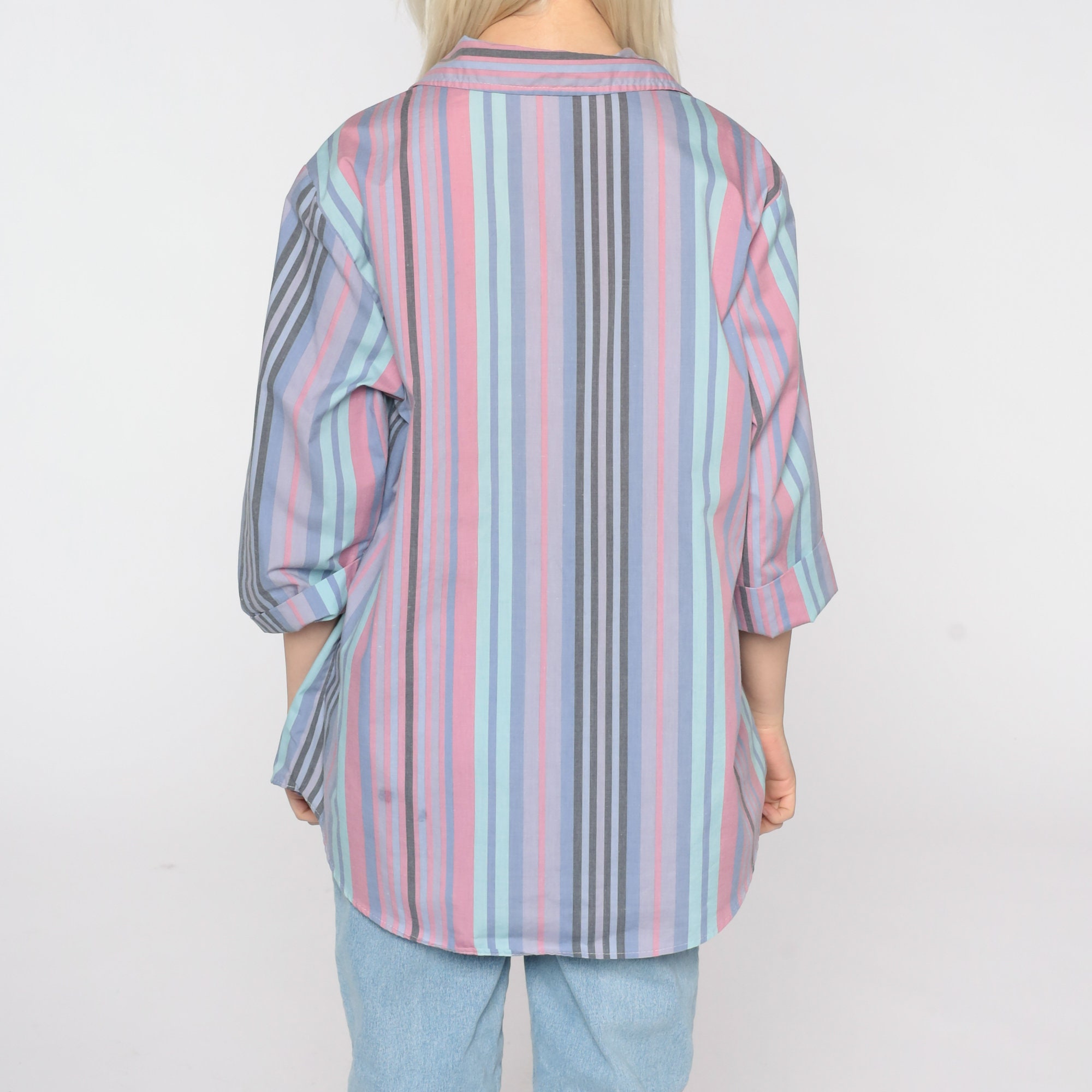 80s Button Up Shirt STRIPED Blouse Pink Purple Blue 3/4 Sleeve Top ...