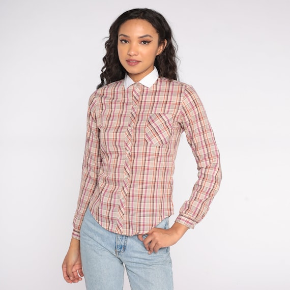 Western Plaid Top 70s Checkered Long Sleeve Button Up Collared Cowgirl Blouse 1980s Purple Red Yellow Cowboy Shirt Vintage Extra Small XS