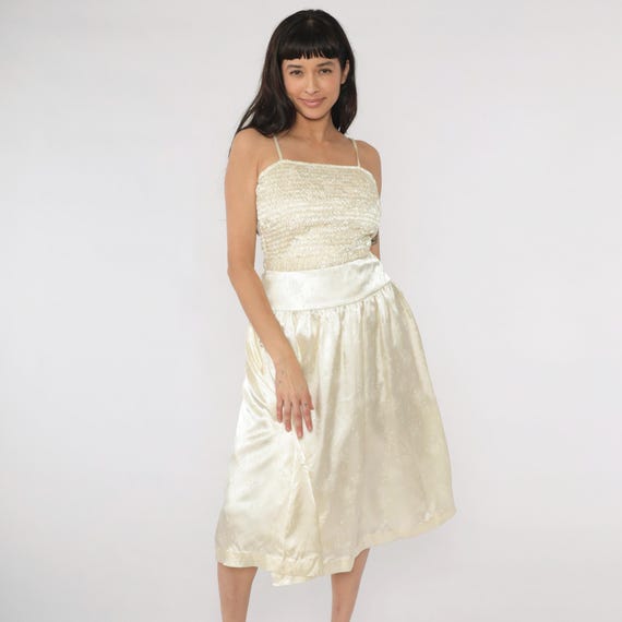 Vintage Ivory Satin Dress 80s Ruched Bodice Jacquard Floral Spaghetti Strap Formal Midi 1980s Bridal Party Drop Waist Evening Gown Small S