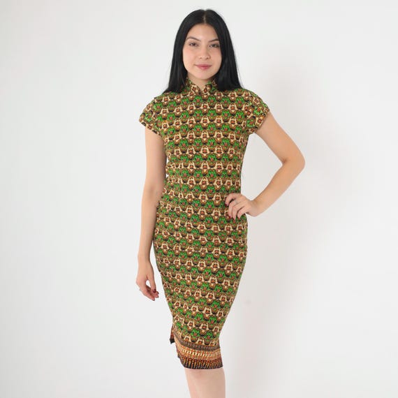 Vintage 70s Cheongsam Style Dress Green Batik Floral Print Cap Sleeve Mandarin Collar Midi 1970s Asian Inspired Boho Hippie Extra Small xs