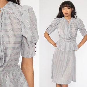 Striped Puff Sleeve Dress 80s Midi Sheer Grey Peplum Dress Cowl Neck Dress High Waisted Boho Secretary Dress Vintage 1980s Small Medium