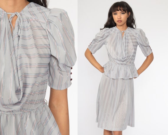 Striped Puff Sleeve Dress 80s Midi Sheer Grey Peplum Dress Cowl Neck Dress High Waisted Boho Secretary Dress Vintage 1980s Small Medium