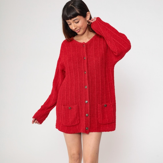 Red Cardigan Sweater 80s Chunky Knit Button Front Pocket  Oversized Textured Ribbed Christmas Holiday Winter Sweater Medium M