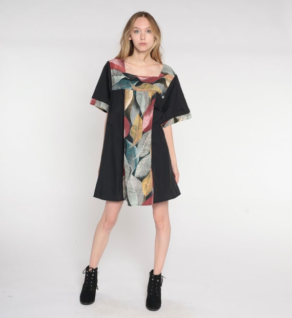 90s Grunge Dress Boho Black Leaf Print Mini Caftan Dress Retro Tent Dress Hippie Short Sleeve Bohemian Festival Vintage 1990s Plus 3xl xxxl