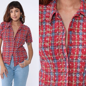 90s Plaid Blouse Red Embroidered Button Up Shirt Short Sleeve Eyelet Collared Top Checkered Preppy Casual Summer Vintage 1990s Small Medium image 1