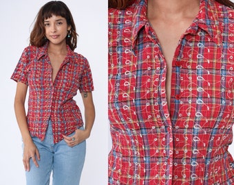 90s Plaid Blouse Red Embroidered Button Up Shirt Short Sleeve Eyelet Collared Top Checkered Preppy Casual Summer Vintage 1990s Small Medium