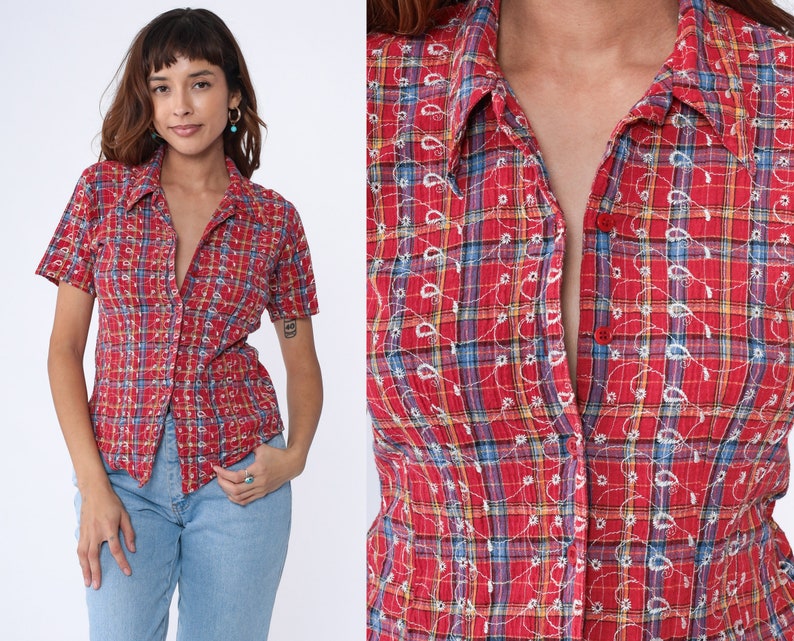 90s Plaid Blouse Red Embroidered Button Up Shirt Short Sleeve Eyelet Collared Top Checkered Preppy Casual Summer Vintage 1990s Small Medium image 1