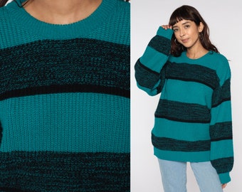 Teal Striped Sweater Knit Sweater 80s Pullover Sweater Black Crewneck Retro Nerd Slouch Jumper Vintage 90s Men's Large