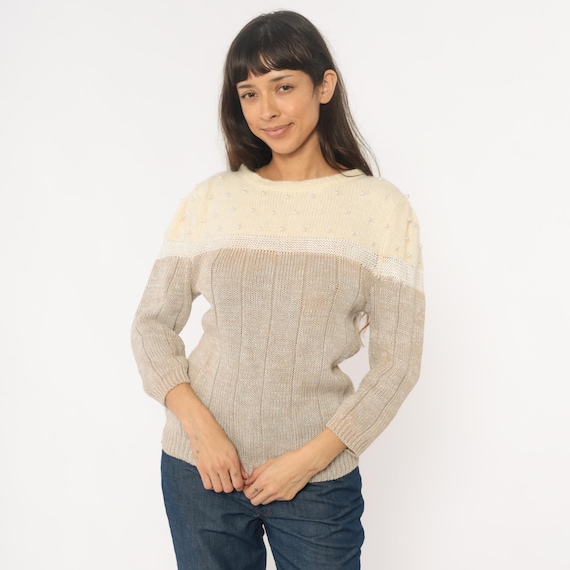 80s Beaded Sweater Color Block Cream Beige White Pullover Long Sleeve Dots Vintage Neutral Tones Winter Cozy Fall Autumn Preppy Large L