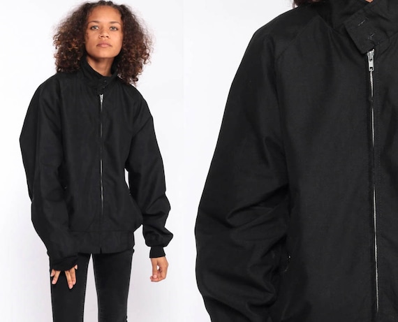 Black Bomber Jacket Plaid Lined Cafe Racer Jacket 80s Windbreaker Moto Jacket Vegan Jacket Hipster Coat Vintage 1980s Extra Large xl