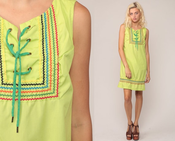 Mod Mini Dress 60s Shift CORSET Lace Up 70s Boho Gogo Lime Green Vintage Twiggy Bohemian Festival Go go Sleeveless MiniDress Medium