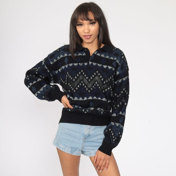 Geometric Leather Sweater Dark Blue Sweater 80s STRIPED Zig Zag Slouchy 1980s Acrylic Vintage 90s Knit Slouch Medium Large