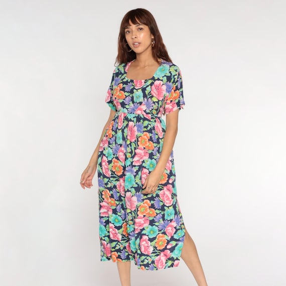 Vintage Floral Empire Waist Dress 90s Diane Von Furstenberg Grunge Dress Midi Short Sleeve Square Neck 1990s Black Pink Aqua Extra Small xs