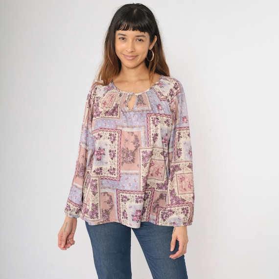 Vintage Y2K Peasant Blouse Purple Pink Floral Patchwork Top Boho Long Sleeve Smocked Keyhole Tie Neck Shirt 00s Cottagecore Bohemian Large L