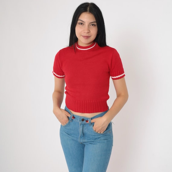 Vintage 70s Red Knit Varsity Sweater Cropped Short Sleeve Ringer Striped Ribbed Trim Letterman Athletic Top Cheerleader Shirt 2xs xxs