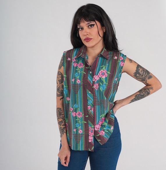 Striped Floral Tank Top 70s Button up Blouse Collared Sleeveless Shirt Retro Groovy Flower Print Summer Blue Green Pink Vintage 1970s Large