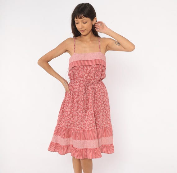 80s Pink Floral Sundress Spaghetti Strap Cotton Drawstring Waist Striped Ruffle Prairie Rose Summer Sleeveless Cottagecore Dress Medium M