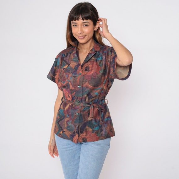 80s Abstract Floral Shirt Faux Suede Top Short Sleeve Blouse Button Up Belted 1980s Vintage Bohemian Pleated Dark Purple Orange Large L