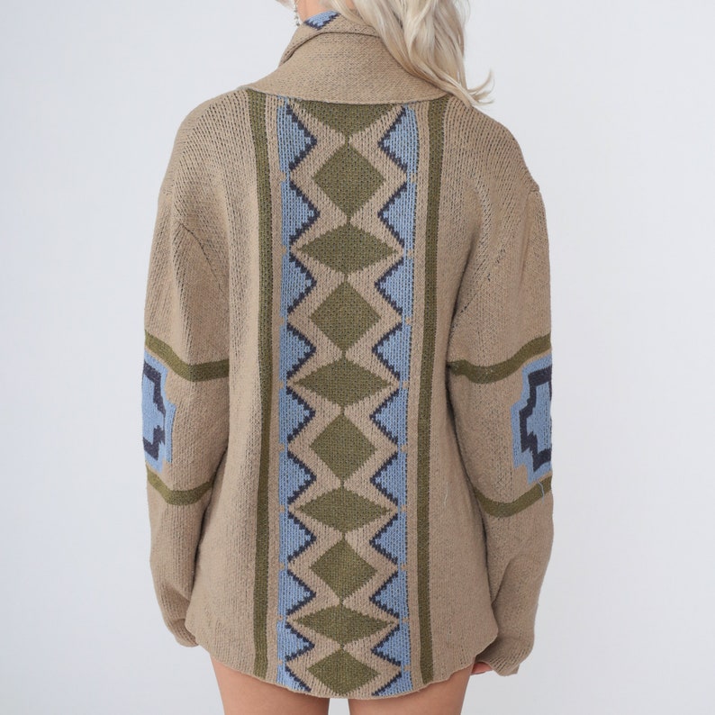 Southwestern Sweater 70s Open Front Knit Cardigan Retro Hippie Taupe Blue Geometric Diamond Boho Acrylic Southwest Vintage 1970s Large L image 5