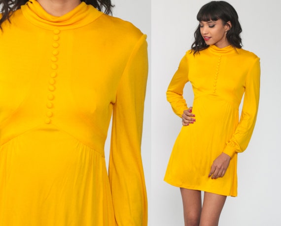 Yellow Babydoll Dress 1970s Mod Mini Dress Button… - image 1