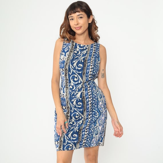 90s Mini Dress Tribal Stripe Blue Cream Brown Geometric Sleeveless Tie Waist Ethnic Print Y2k Knee Length Hawaiian Vintage Small S