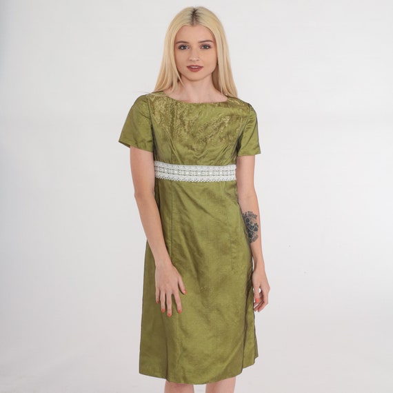 60s Party Dress Iridescent Green Mini Dress Metallic Gold White Lace Trim Empire Waist Sheath Short Sleeve Vintage 1960s Extra Small xs