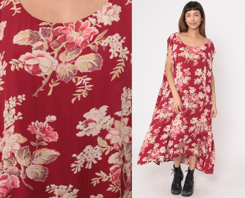 Red Floral Dress Y2k Plus Size Shift Dress Scoop Neck Sleeveless Midi Dress Summer Dress Retro Pink Rayon Vintage 00s 30 32 5xl image 1