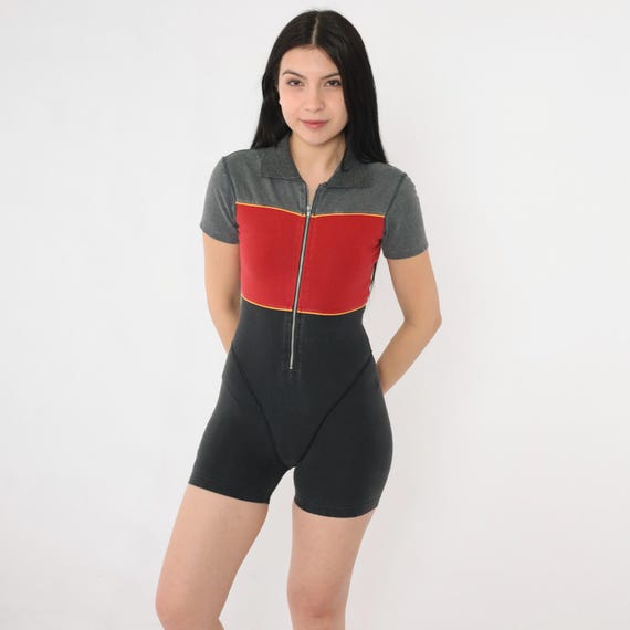Vintage Speedo Bodycon Romper 90s Colorblock Zip Up Red Gray Black Fitness Activewear One Piece 1990s Stretch Gym Bodysuit Small xs Petite