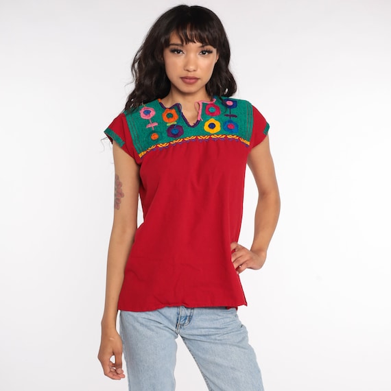 Mexican EMBROIDERED Blouse Hippie Top Floral Shirt Boho Shirt FESTIVAL Tunic Bohemian Vintage Retro Red Small
