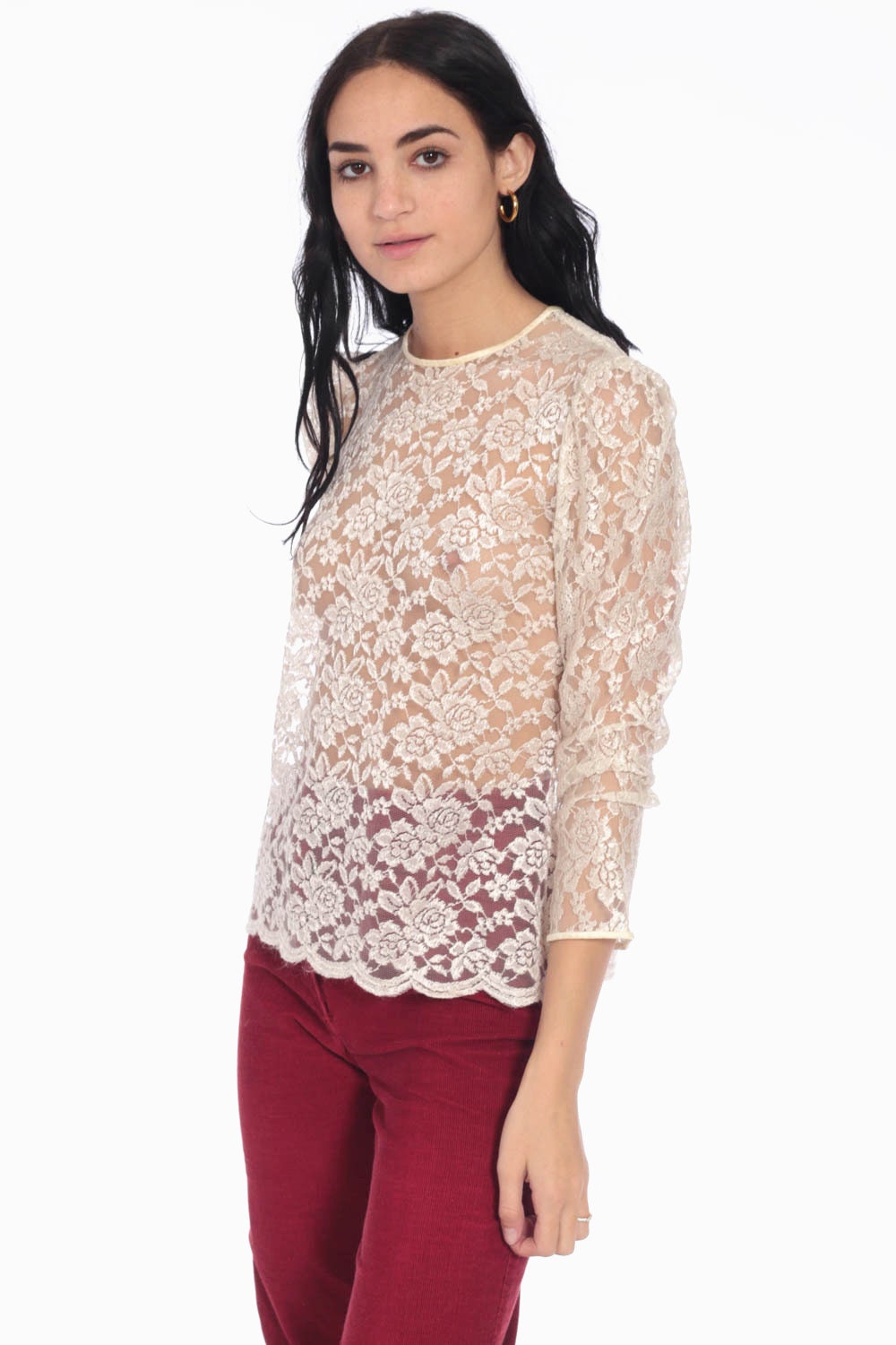  Sheer  Lace Blouse  PUFF SLEEVE Floral Ivory Lace Shirt 