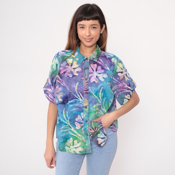 Y2K Tropical Shirt Cotton Purple Blue Green Abstract Floral Tie Dye Short Sleeve Collar Caribbean Joe Summer Vacation Vintage 1X Plus Size