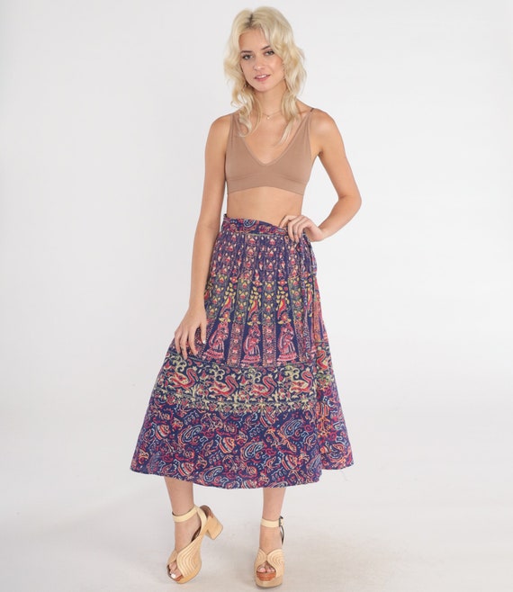 Floral Wrap Skirt 80s Midi Skirt Indian Flower Paisley Bird Print High Waisted Summer Festival Blue Red Vintage 1980s Small Medium Large