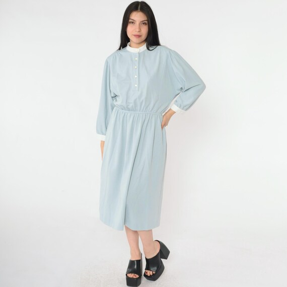 80s Light Blue Midi Dress Vintage Button Up Shirtdress Long Sleeve 1980s Pastel Casual High Elastic Waist Blouson Plain Jersey Small Medium