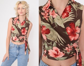 Tropical Crop Top 90s Brown Silk Floral Wrap Blouse Tie Waist Cropped Shirt Tommy Bahama Hibiscus Hawaiian Vintage 1990s Extra Small xs