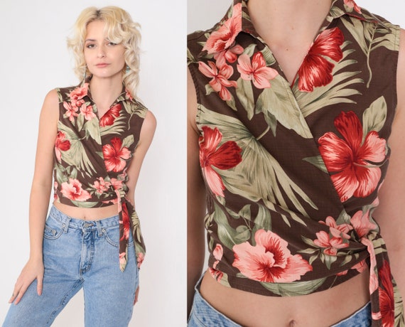 Tropical Crop Top 90s Brown Silk Floral Wrap Blouse Tie Waist Cropped Shirt Tommy Bahama Hibiscus Hawaiian Vintage 1990s Extra Small xs