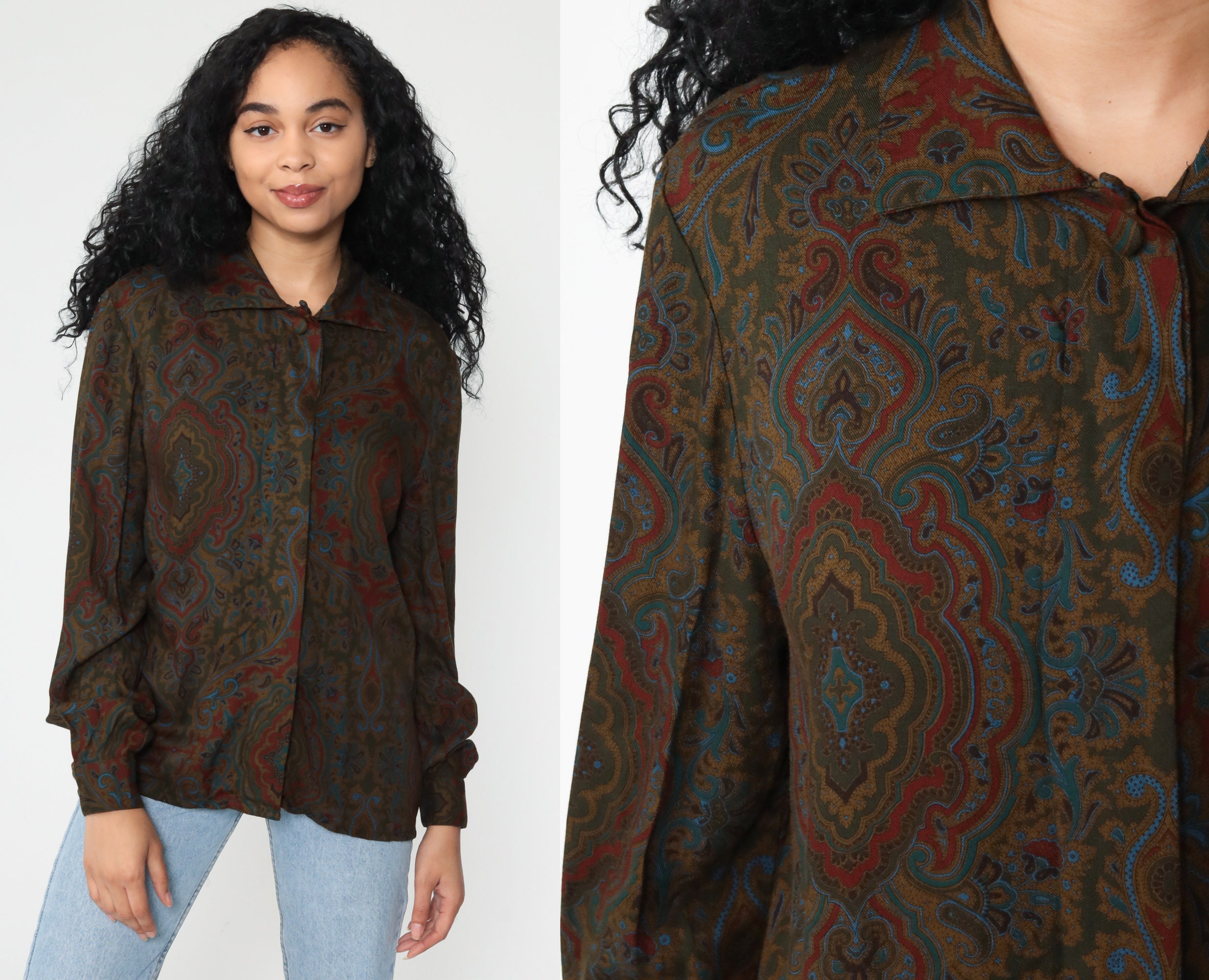 90s Paisley Shirt Olive Green Button Up 