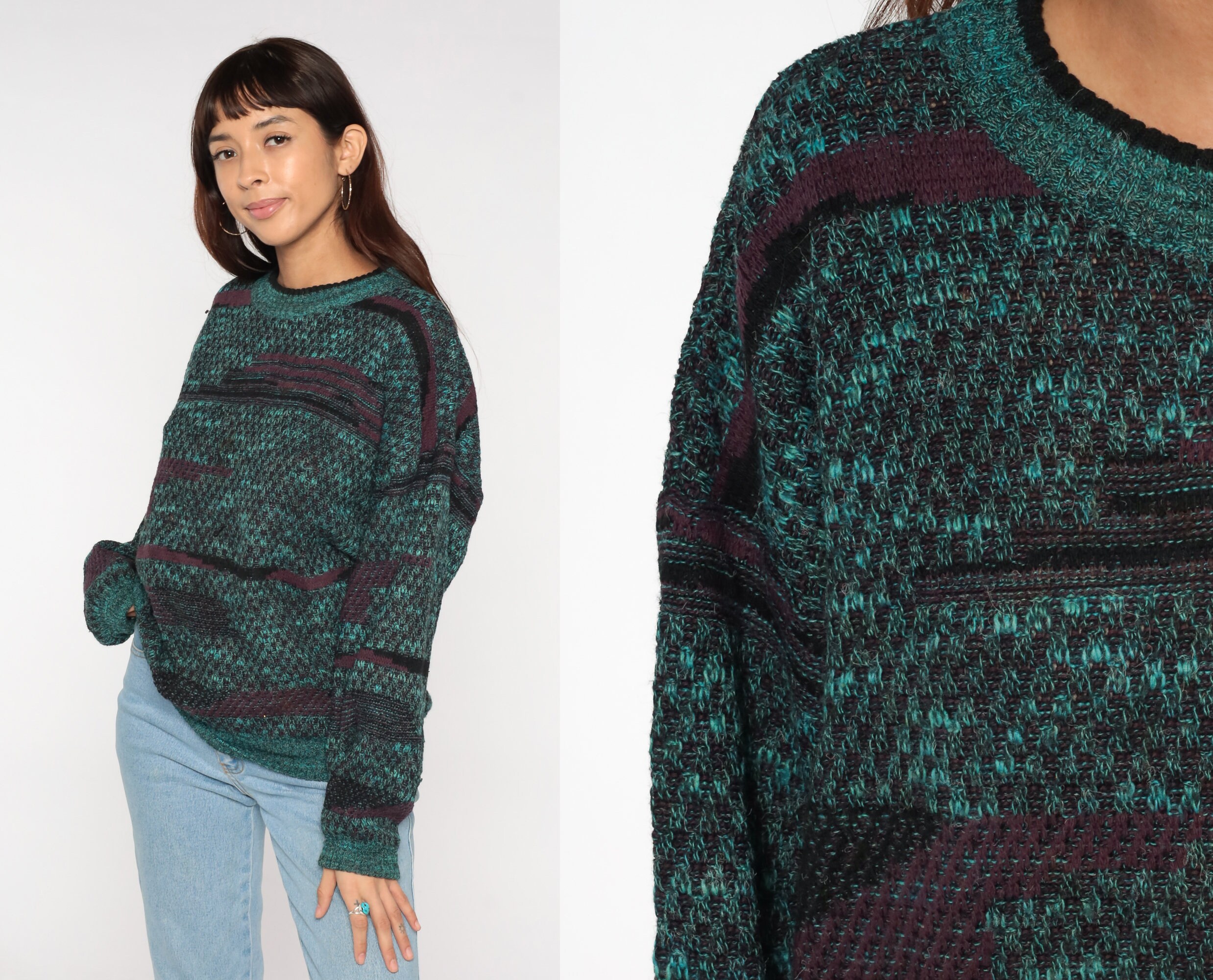 90s Knit Sweater Grunge Wool Blend Pullover Purple Green Striped Space