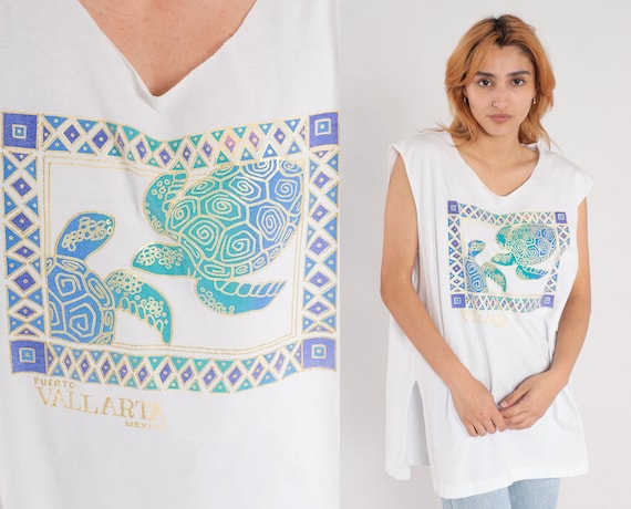 Puerto Vallarta Tank Top 90s Mexico Sea Turtle Shirt Metallic Gold Tourist Vacation Sleeveless Shirt 1990s Vintage White Medium Large xl